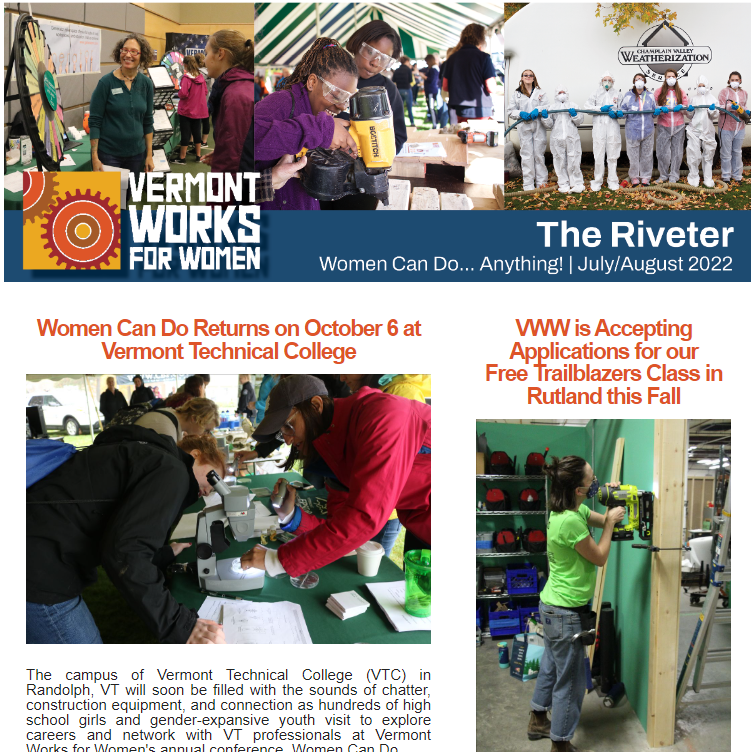 Screen grab of Vermont Works for Women's email newsletter The Riveter. Community members can learn the latest news from VWW and get involved with our mission by subscribing to this newsletter.