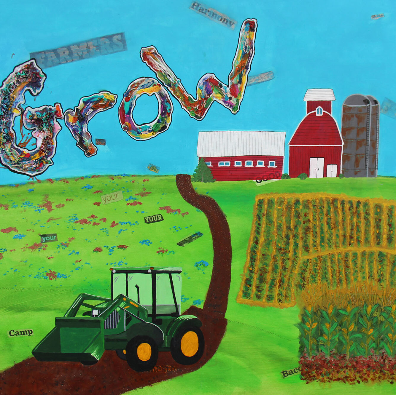 Artwork created by a former program participant in CRCF. Depicts a farm with a barn, tractor, field, and the word ‘Grow’.