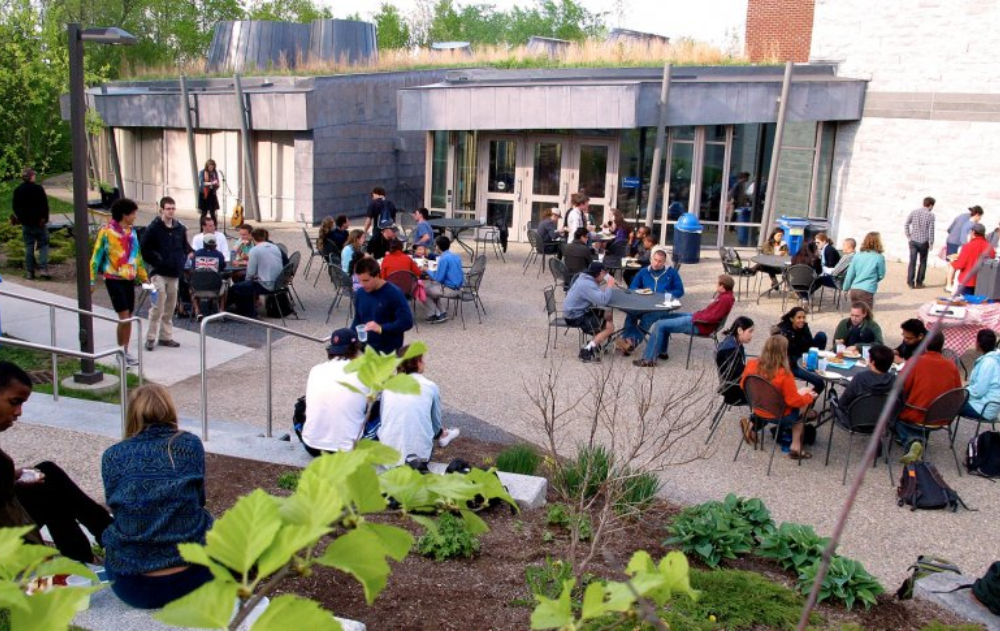 Students and faculty eat at a Middlebury College Dining hall