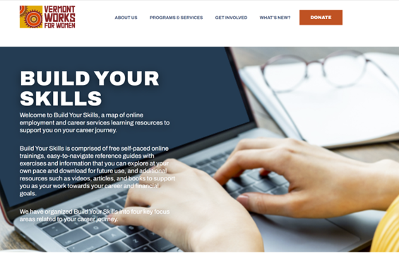 A screenshot of the Build Your Skills webpage; featuring copy describing the page and an image of a person typing on a computer.