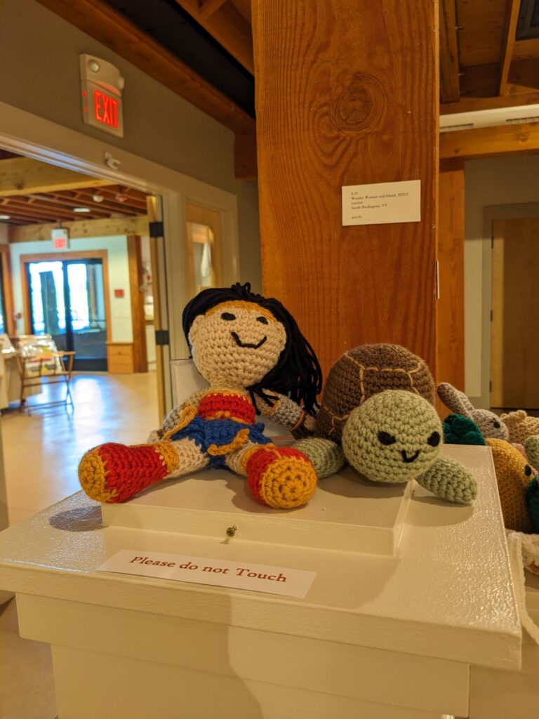 "Wonder Woman and Friend," crocheted by E.D. at Chittenden Regional Correctional Facility