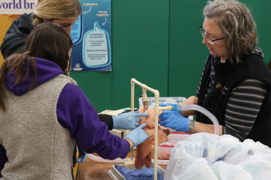 Students practice intubating a patient using a medical dummy at Women Can Do