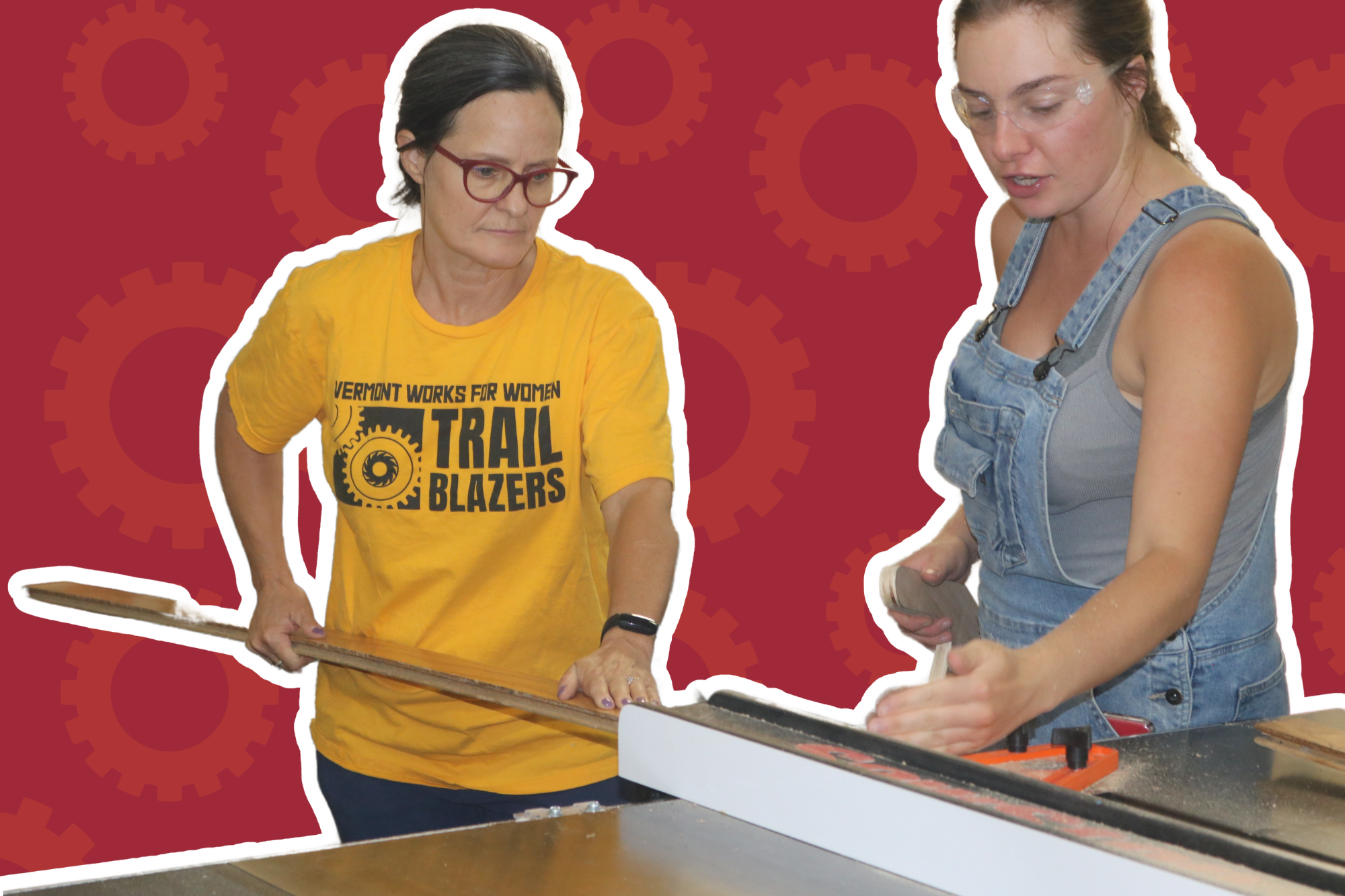 A Trailblazers participant uses a table saw to cut wood strapping.