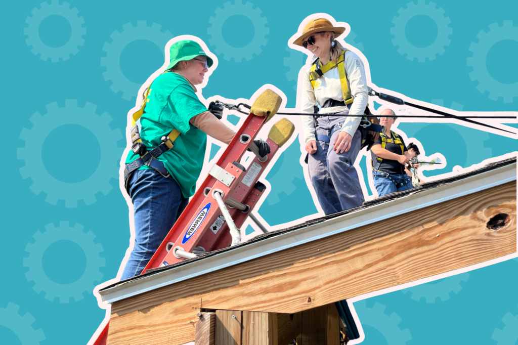 Trailblazers learn to safely climb ladders on a practice roof.