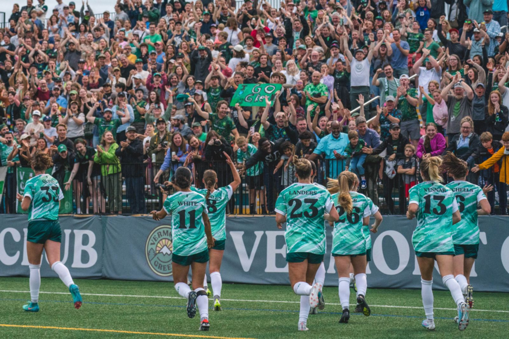 Crowd cheers on the players at the 2024 Vermont Green Women's Exhibition match