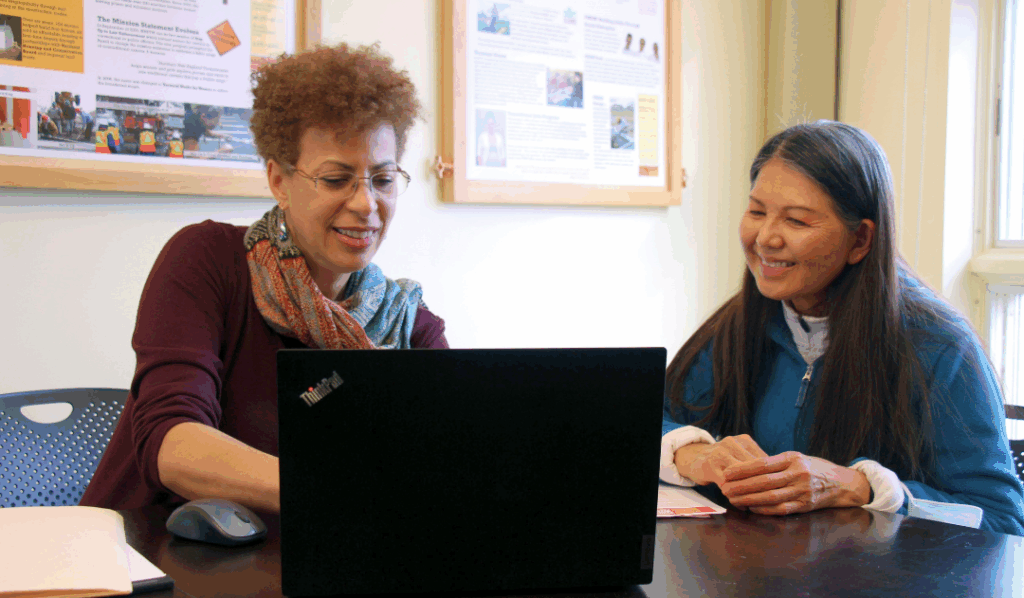 Paige Ruffner, VWW career coach works with a client on career support