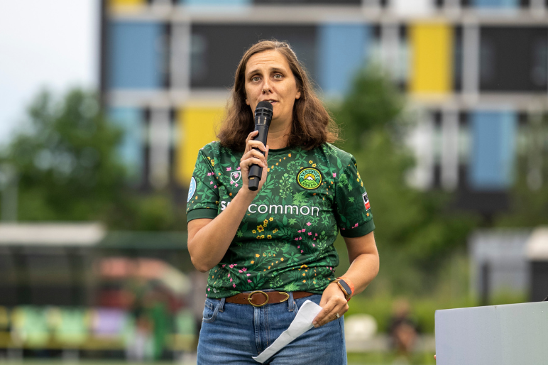 VWW Executive Director Rhoni Basden speaks at halftime of the Vermont Green game.